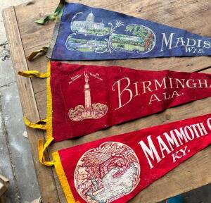 DESCRIPTION: VINTAGE FELT PENNANTS SIZE: 25"X6" QTY: 3