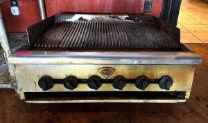 DESCRIPTION: WELLS 36" GAS 6-BURNER TABLETOP CHARBROILER BRAND/MODEL: WELLS SIZE: 36" X 28"