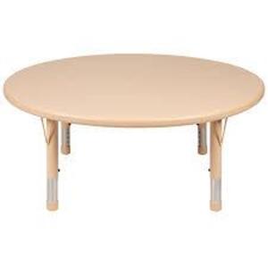 DESCRIPTION: (1) WREN ROUND PLASTIC ADJUSTABLE HEIGHT ACTIVITY TABLE BRAND/MODEL: FLASH FURNITURE YU-YCX-005-2-ROUND-NAT-GG INFORMATION: NATURAL WOOD