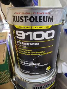 DESCRIPTION: (2) DTM EPOXY MASTIC BRAND/MODEL: RUST-OLEUM 9100 INFORMATION: BOOTH CANS ARE ACTIVATOR RETAIL$: $142.76 EA SIZE: 1 GALLON QTY: 2