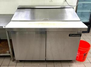 DESCRIPTION: 48" 2-DOOR MEGATOP REFRIGERATED SANDWICH PREP TABLE ON CASTERS BRAND/MODEL: CONTINENTAL SW48-18M LOCATION: KITCHEN QTY: 1