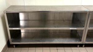 DESCRIPTION: 5' STAINLESS STEEL WORK TABLE WITH STAINLESS SHELVING STORAGE SIZE: 60"X15"X35" LOCATION: KITCHEN QTY: 1