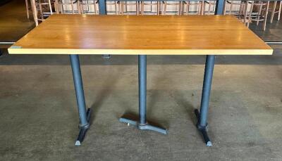 DESCRIPTION: 6' WOODEN PUB TABLE WITH TRIPLE BASE SIZE: 72"X36"X42.5" LOCATION: MAIN BAR QTY: 1