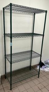 DESCRIPTION: 4-TIER WIRE SHELVING UNIT SIZE: 36"X18"X74" LOCATION: STORAGE AREA QTY: 1