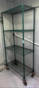 DESCRIPTION: 4-TIER WIRE SHELVING UNIT ON CASTERS SIZE: 36"X18"X79" LOCATION: WALK-IN COOLER QTY: 1