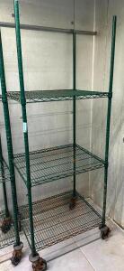 DESCRIPTION: 3-TIER WIRE SHELVING UNIT ON CASTERS SIZE: 30"X24"X79" LOCATION: WALK-IN COOLER QTY: 1