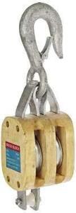 DESCRIPTION (2) DOUBLE WOOD MANILA ROPE BLOCK WITH HOOK BRAND/MODEL INDUSCO #16900101 ADDITIONAL INFORMATION RETAILS FOR $21.99 SIZE 4IN S.W.L 1400 LB