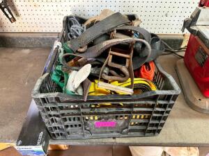 DESCRIPTION: PLASTIC TOTE W/ CONTENTS - ASSORTED STRAPPING AND TIE DOWNS LOCATION: BUILDING 3 THIS LOT IS: ONE MONEY QTY: 1