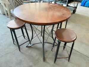 DESCRIPTION: 36" ROUND COUNTER HEIGHT PUB TABLE W/ (3) STOOLS SIZE 36" R X 36" T LOCATION: BUILDING 4 QTY: 1