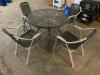 DESCRIPTION 36" ROUND WROUGHT IRON PATIO TABLE AND (4) WICKER AND CHROME PATIO STACK CHAIRS. THIS LOT IS ONE MONEY LOCATION BAY 6 QUANTITY 1 - 3