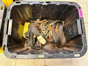 DESCRIPTION: 12 GALLON PLASTIC CONTAINER W/ CONTENTS - (2) SETS OF HEAVY DUTY STRAPS. LOCATION: BUILDING 5 QTY: 1