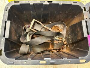 DESCRIPTION: 12 GALLON PLASTIC CONTAINER W/ CONTENTS - (2) SETS OF HEAVY DUTY STRAPS. LOCATION: BUILDING 5 QTY: 1