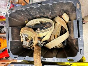 DESCRIPTION: 12 GALLON PLASTIC CONTAINER W/ CONTENTS - (2) SETS OF HEAVY DUTY STRAPS. LOCATION: BUILDING 5 QTY: 1