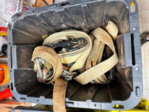 DESCRIPTION: 12 GALLON PLASTIC CONTAINER W/ CONTENTS - (2) SETS OF HEAVY DUTY STRAPS. LOCATION: BUILDING 5 QTY: 1