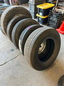 DESCRIPTION: (5) ASSORTED USED TRAILER / TRUCK TIRES LOCATION: BUILDING 4 THIS LOT IS: ONE MONEY QTY: 1
