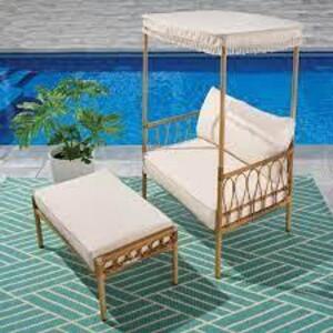 DESCRIPTION: (1) CANOPY CHAIR WITH OTTOMAN BRAND/MODEL: BETTER HOMES AND GARDENS #BHS136157386602 INFORMATION: WILLOW SAGE RETAIL$: $349.00 TOTAL SIZE