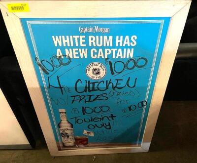 DESCRIPTION CAPTAIN MORGAN FRAMED MENU BOARD. LOCATION BAY 7 QUANTITY 1