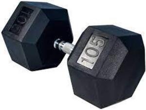 DESCRIPTION: (1) RUBBER COATED HEX DUMBBELL BRAND/MODEL: FRENCH FITNESS INFORMATION: BLACK RETAIL$: $236.00 EA SIZE: 105 LB QTY: 1