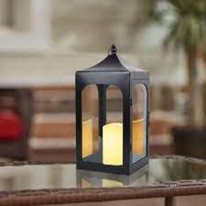 DESCRIPTION: (3) DECORATIVE BLACK METAL BATTERY OPERATED OUTDOOR LANTERN BRAND/MODEL: BETTER HOMES AND GARDEN RETAIL$: $20.00 EA SIZE: 12" QTY: 3