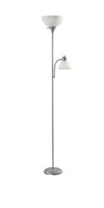 DESCRIPTION: (1) COMBO FLOOR LAMP WITH ADJUSTABLE READIGN LAMP BRAND/MODEL: MAINSTAYS INFORMATION: SILVER RETAIL$: $20.00 EA SIZE: 72" QTY: 1