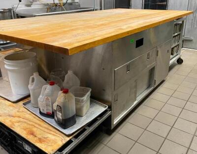 120" X 30" BUTCHER BLOCK CHEF TABLE W/ STAINLESS STORAGE BASE