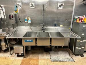 DESCRIPTION: 100" X 36" THREE WELL STAINLESS POT SINK W/ LEFT AND RIGHT DRY BOARDS. ADDITIONAL INFORMATION COMES W/ SPRAYER NOZZLE. SIZE 100" X 36" LO