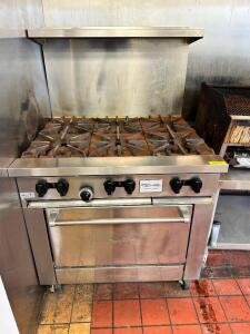 DESCRIPTION: SUN FIRE SIX BURNER RANGE W/ LOWER OVEN. BRAND / MODEL: X36-6P ADDITIONAL INFORMATION NATURAL GAS LOCATION: RESTAURANT QTY: 1