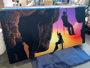 96" X 48" ACOUSTICAL SOUND PANEL W/ CUSTOM FABRIC COVERING. CLIMBERS