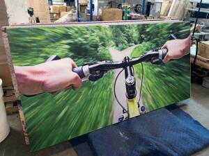 96" X 48" ACOUSTICAL SOUND PANEL W/ CUSTOM FABRIC COVERING. MOUNTAIN BIKER