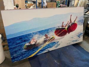 96" X 48" ACOUSTICAL SOUND PANEL W/ CUSTOM FABRIC COVERING. TUBBING