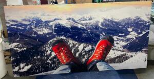 96" X 48" ACOUSTICAL SOUND PANEL W/ CUSTOM FABRIC COVERING. SNOW BOOTS