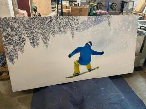 96" X 48" ACOUSTICAL SOUND PANEL W/ CUSTOM FABRIC COVERING. SNOWBOARDER