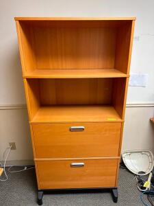 DESCRIPTION: 2-DRAWER FILING CABINET WITH HUTCH ON CASTERS SIZE: 33"X16"X68" LOCATION: MAIN OFFICE QTY: 1