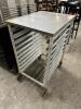 DESCRIPTION: 30" X 24" ROLL ABOUT STAINLESS TABLE W/ UNDER COUNTER TRAY RACK. LOCATION: BAY 6 QTY: 1