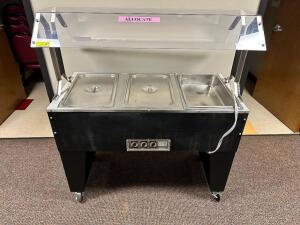 DESCRIPTION: Enclosed Base Everyday Buffet Stainless Steel Three Pan Electric Hot Food Table with Stainless Steel Liners BRAND / MODEL: SUPREME METAL