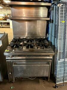 DESCRIPTION: JADE RANGE SIX BURNER RANGE W/ LOWER OVEN BRAND / MODEL: JADE RANGE ADDITIONAL INFORMATION NATURAL GAS. W/ TWO TIER STAINLESS OVER SHELF