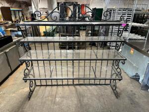 DESCRIPTION: 60" WROUGHT IRON BAKERS RACK W/ PLEXI GLASS SHELVES SIZE 60" LOCATION: BAY 7 QTY: 1