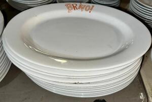 DESCRIPTION: (12) 15" CHINA PLATTERS W/ " BRAVO " LOGO SIZE 15" LOCATION: BAY 7 THIS LOT IS: SOLD BY THE PIECE QTY: 12