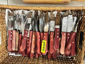 DESCRIPTION: (24) STEAK KNIVES W/ WOODEN HANDLES LOCATION: BAY 6 THIS LOT IS: SOLD BY THE PIECE QTY: 24