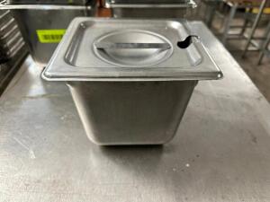 DESCRIPTION: (6) 1/6 SIZE STAINLESS INSERTS W/ LIDS ADDITIONAL INFORMATION 4" DEEP LOCATION: BAY 6 THIS LOT IS: SOLD BY THE PIECE QTY: 6