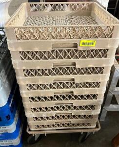 DESCRIPTION: (7) PLASTIC GLASS RACKS W/ DOLLY LOCATION: BAY 6 THIS LOT IS: SOLD BY THE PIECE QTY: 7