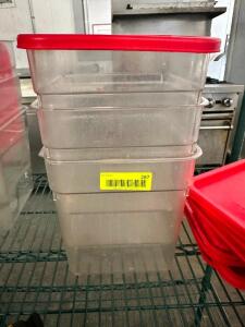 DESCRIPTION: (3) 6 QT PLASTIC CONTAINERS - W/ LIDS SIZE 6 QT LOCATION: BAY 6 THIS LOT IS: SOLD BY THE PIECE QTY: 3