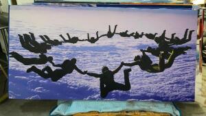 96" X 48" ACOUSTICAL SOUND PANEL W/ CUSTOM FABRIC COVERING. SKY DIVERS