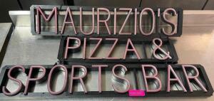 RED LED WINDOW SIGNS. - MAURIZO, PIZZA, AND SPORTS BAR.