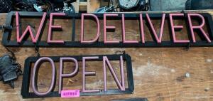 RED LED " WE DELIVER AND OPEN " SIGNS.