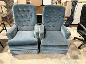 (2) BLUE UPHOLSTERED RECLINERS.