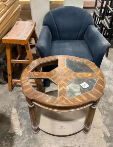 (2) BLUE UPHOLSTERED LOUNGE CHAIR, BAR STOOL AND COFFEE TABLE