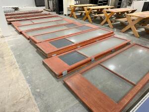 (20) 9' FOLDING WOOD DOORS / PARTITIONS W/ GLASS CENTER INSERTS