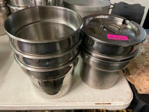 (5) 9" ROUND STAINLESS INSERTS, (2) HAVE LIDS.