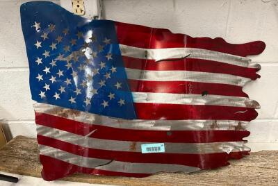 DESCRIPTION: TATTERED METAL FLAG SIGN SIZE: 28"X22" QTY: 1